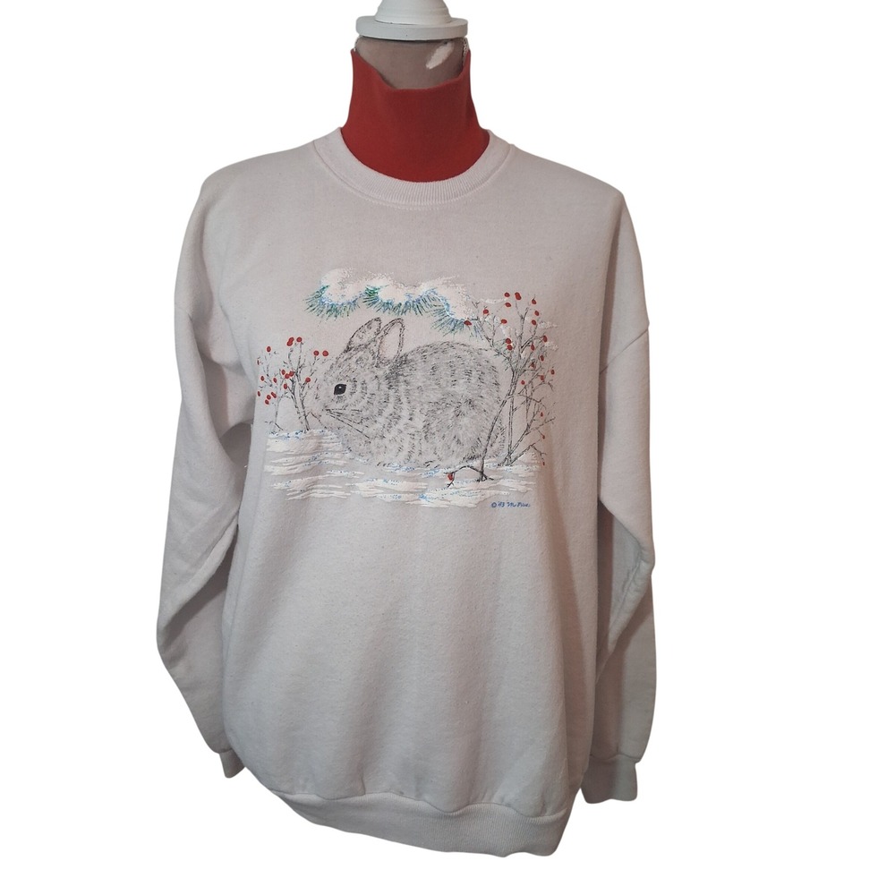 Vintage 1993 Lee Bunny Rabbit Winter Scene Sweatshirt White L Made in USA